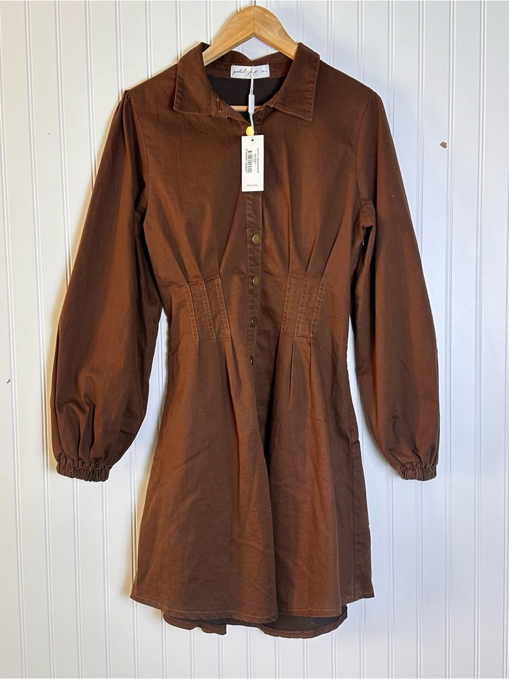 Petal & Pup Phoenix Long Sleeve Mini Dress Brown Denim L Collared - Picture 9 of 11